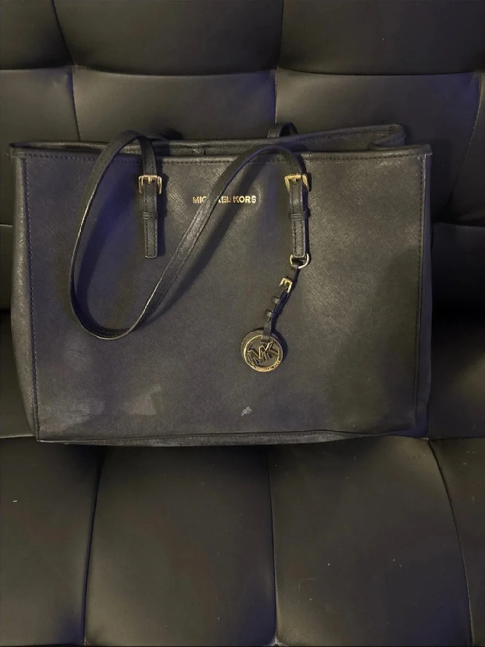 Michael Kors Black Leather Tote with Gold Logo Charm